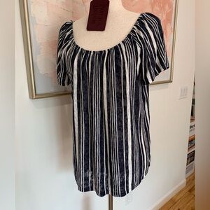 W5 Navy Blue and White Smocked Short Sleeve Blouse